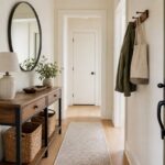 Narrow modern farmhouse entryway with a wood console table, baskets, mirror, peg rail, and neutral runner
