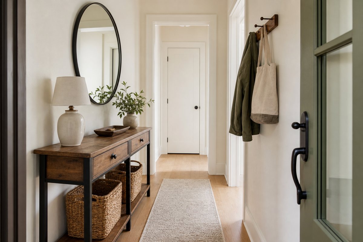 Narrow modern farmhouse entryway with a wood console table, baskets, mirror, peg rail, and neutral runner