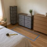 Three dresser shapes compared in a small bedroom with painter tape marking the furniture footprint