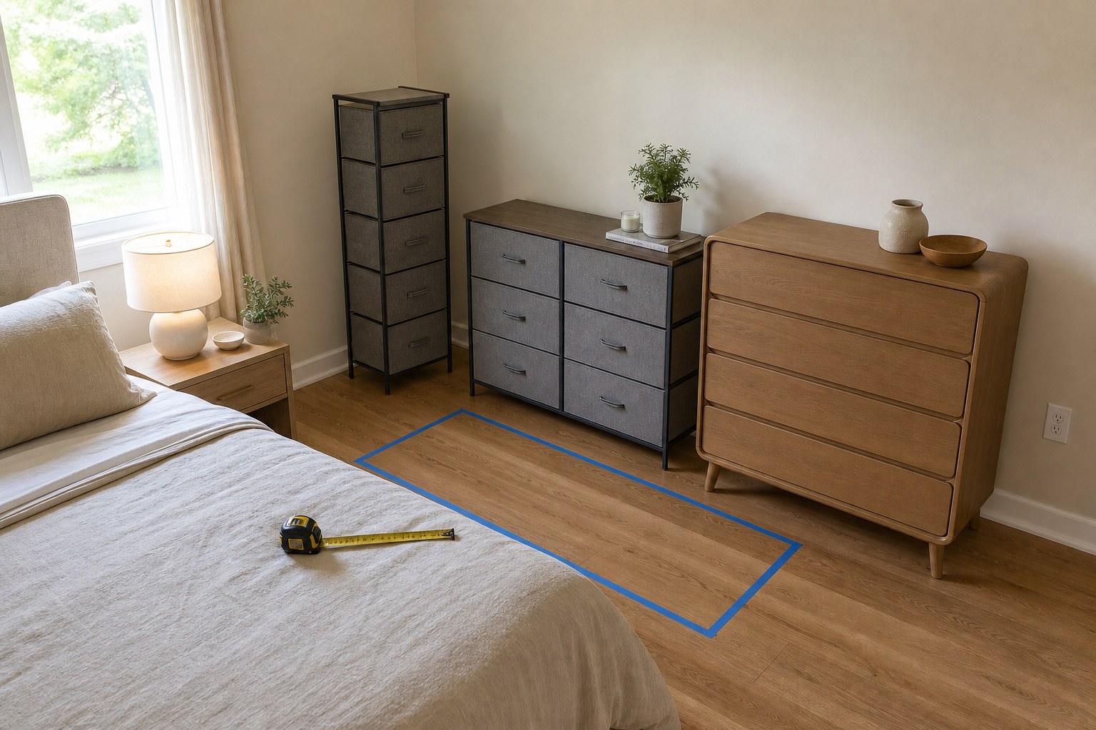 Three dresser shapes compared in a small bedroom with painter tape marking the furniture footprint