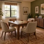 Cozy small game room with an olive accent wall, walnut game table, cream chairs, warm lamp and low game-storage cabinet