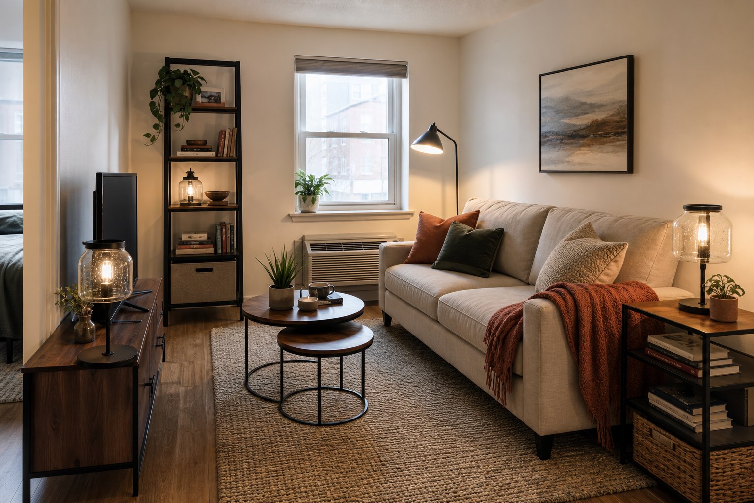 Warm small industrial living room with a neutral sofa, nesting wood tables, narrow black metal shelf, glass lamps, a textured rug, and a clear walking path