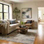 A layered neutral living room with a cream sofa, tan chair, wood tables, blue-gray rug, ceramic lamps and greenery