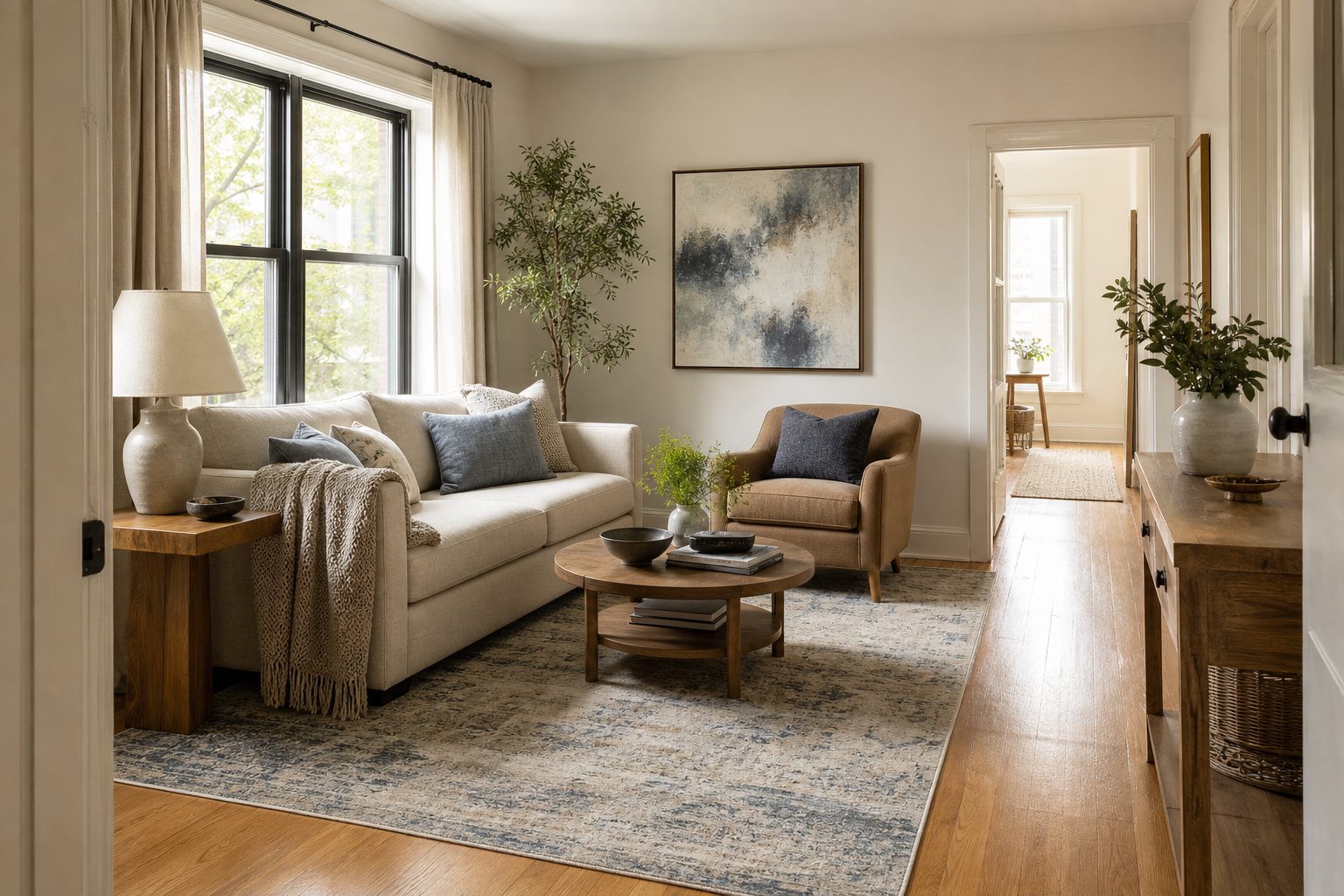 A layered neutral living room with a cream sofa, tan chair, wood tables, blue-gray rug, ceramic lamps and greenery
