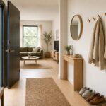 Small apartment entryway with wall hooks, a shallow console, organized shoes, and a clear door swing