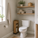 Small bathroom with vertical wall shelves, rolled towels, and a slim rolling storage cabinet