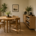 Small dining room with a shallow sideboard, organized serving storage, and clear chair space