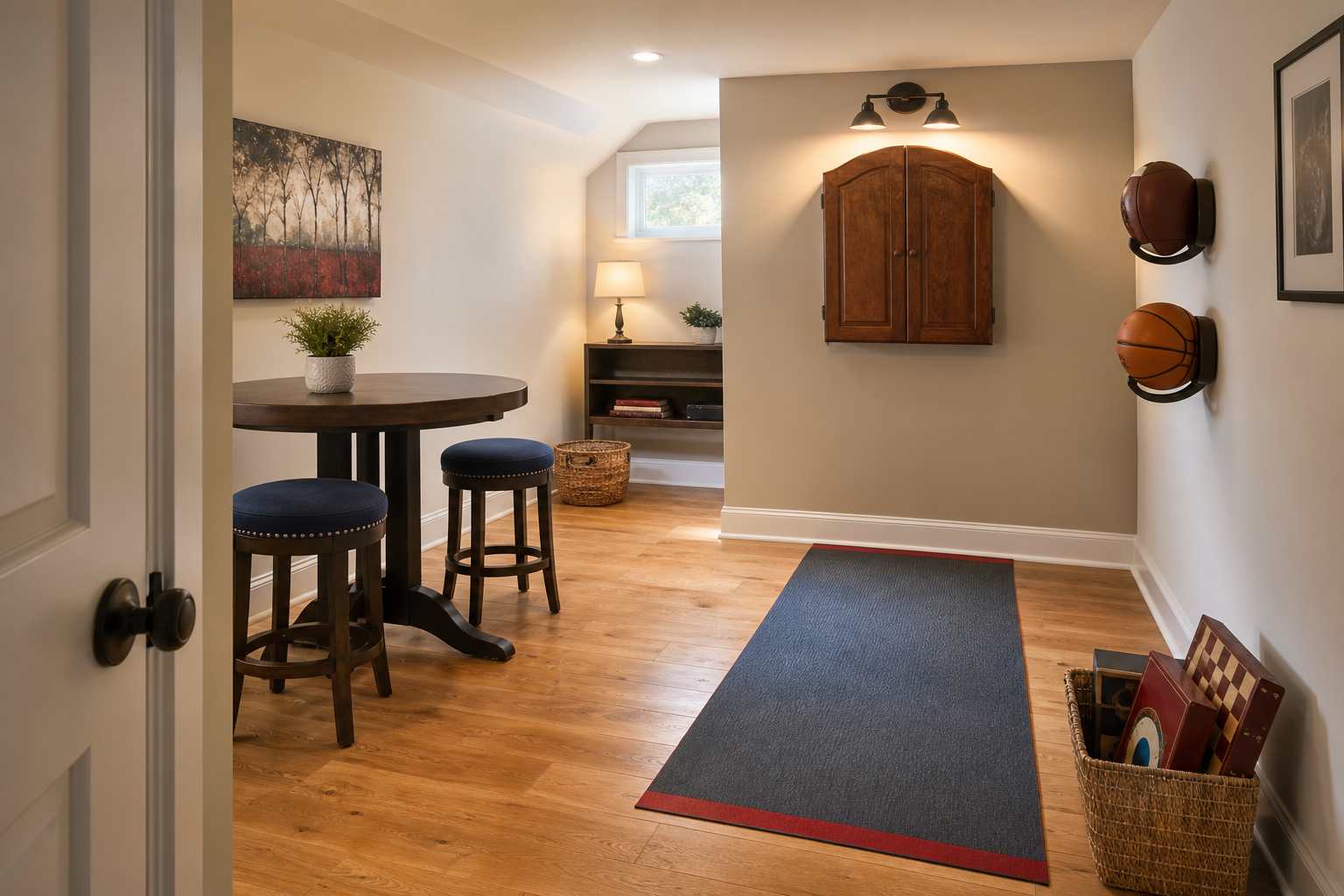 Compact multipurpose game room with a protected dart lane, wall ball storage, a small game table, flexible seating, and a clear walking path