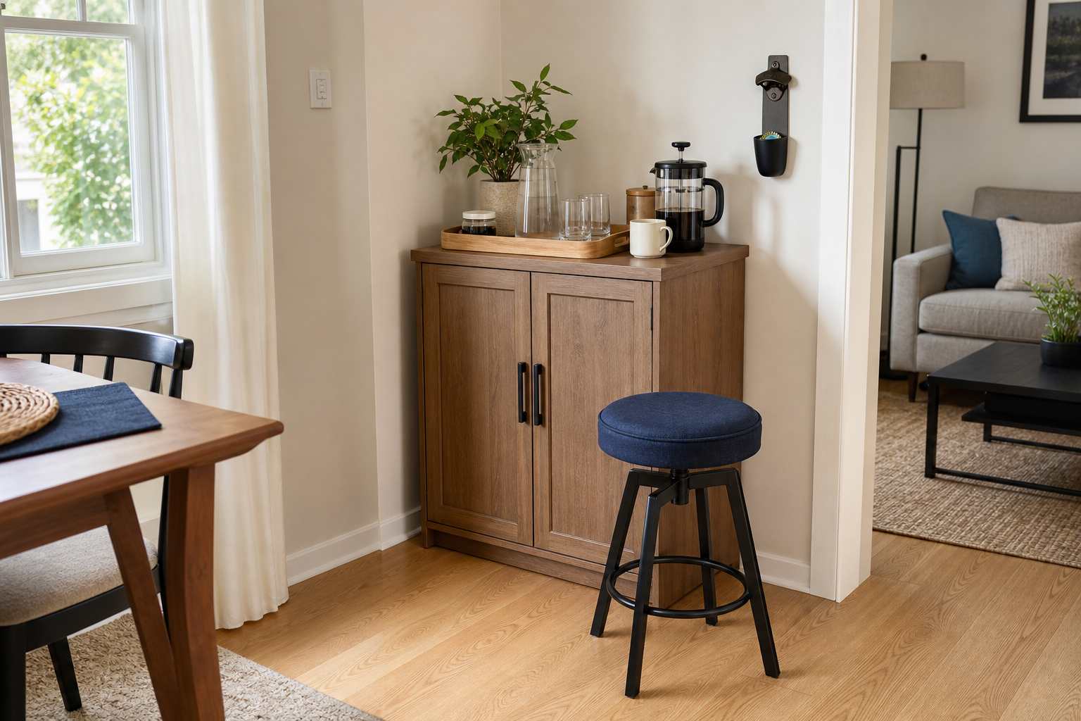 Compact small home bar with a narrow cabinet, measured stool clearance, wall bottle opener, layered storage, and a clear walking path