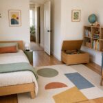 Compact kids' room with a clear path, anchored cube shelf, toy chest, study desk, soft rug, and separate sleep and play zones