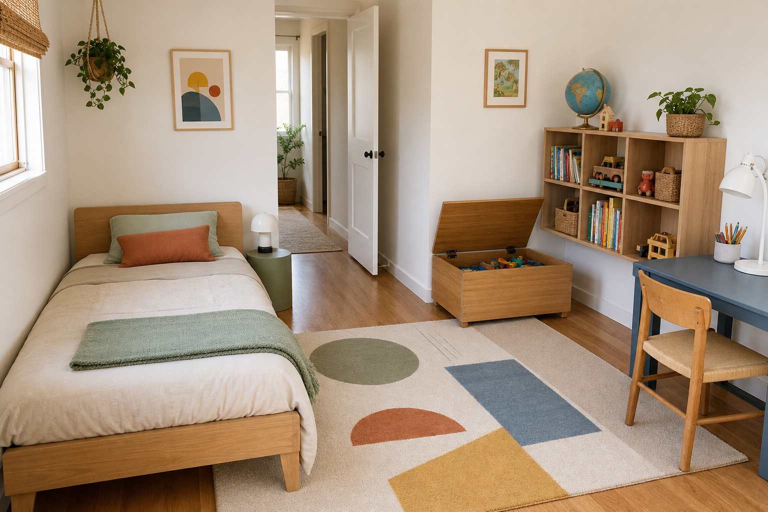 Compact kids' room with a clear path, anchored cube shelf, toy chest, study desk, soft rug, and separate sleep and play zones