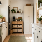 Organized small kitchen with a tall pantry, shallow coffee station, clear counters, and labeled storage zones
