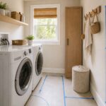 Compact laundry room with clear appliance access, a measured walkway, wall shelves, a hamper, hooks, and a tall cabinet