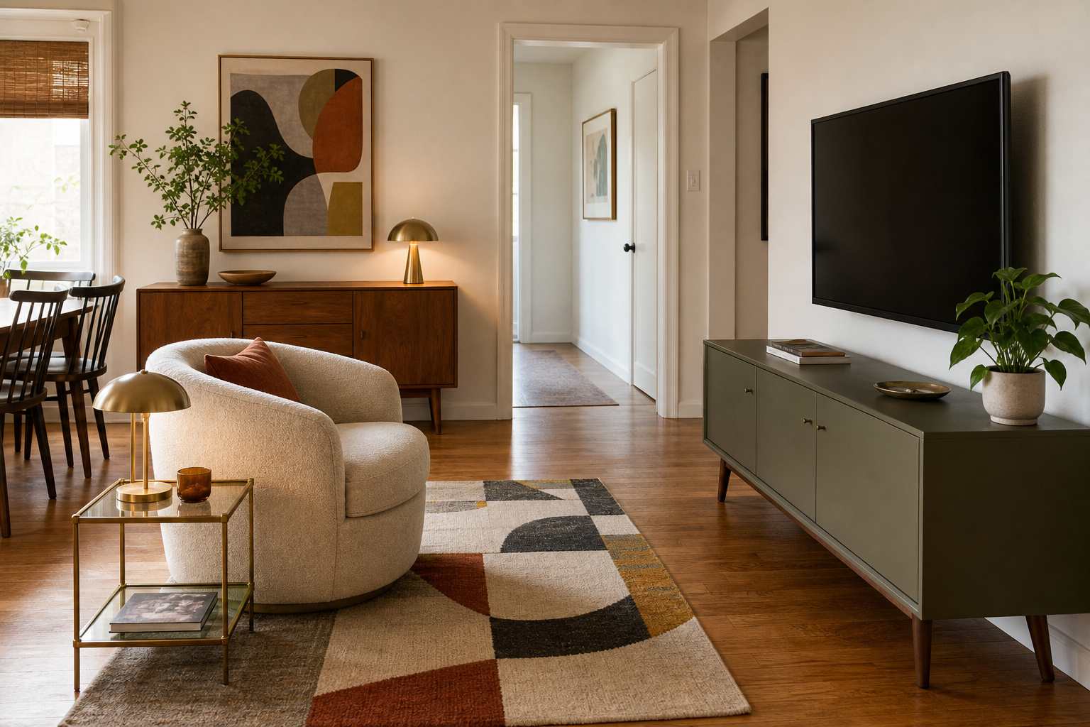 Small mid-century modern living room with a compact swivel chair, low green media cabinet, warm wood sideboard, brass lamp, and a clear walking path