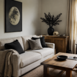 Cream sofa with black textured cushions, moon artwork, a dark vase and a pale pumpkin in a warm wood living room styled for Halloween.