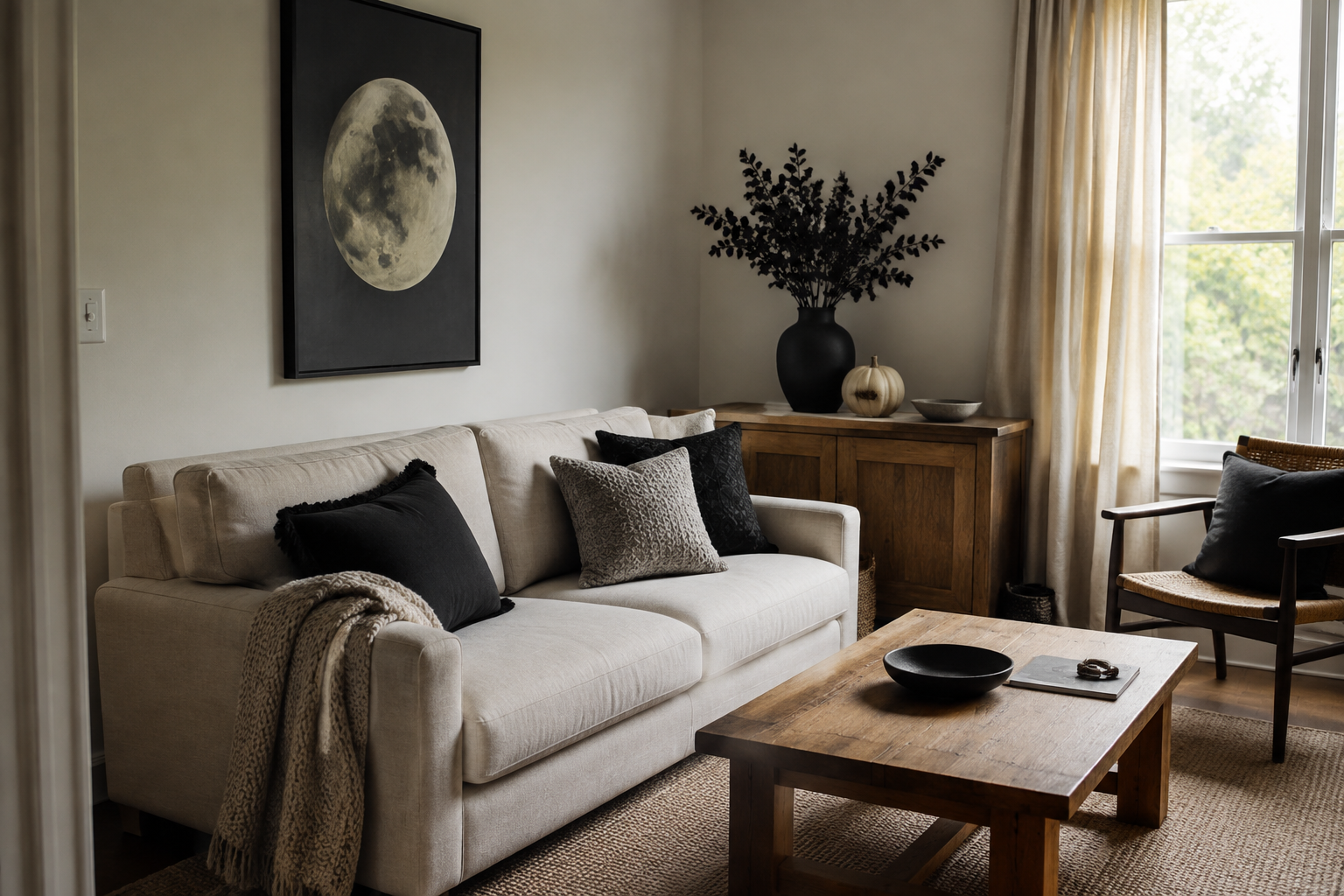 Cream sofa with black textured cushions, moon artwork, a dark vase and a pale pumpkin in a warm wood living room styled for Halloween.