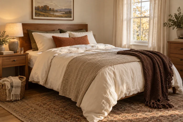 AI-created fall bedroom with cream bedding, a rust pillow, oatmeal coverlet and chocolate-brown throw against warm wood furniture.