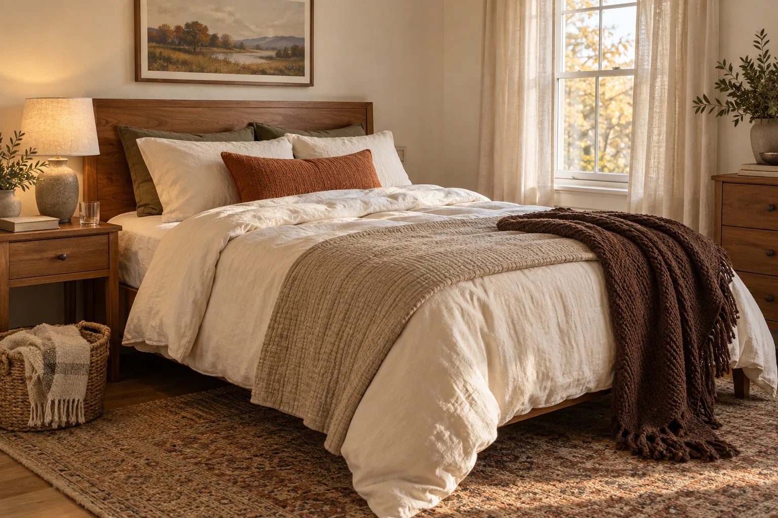 AI-created fall bedroom with cream bedding, a rust pillow, oatmeal coverlet and chocolate-brown throw against warm wood furniture.