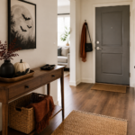 Small Halloween entryway with a narrow wood console, pale pumpkin, dark vase, moon-and-bat artwork and a separate key dish.