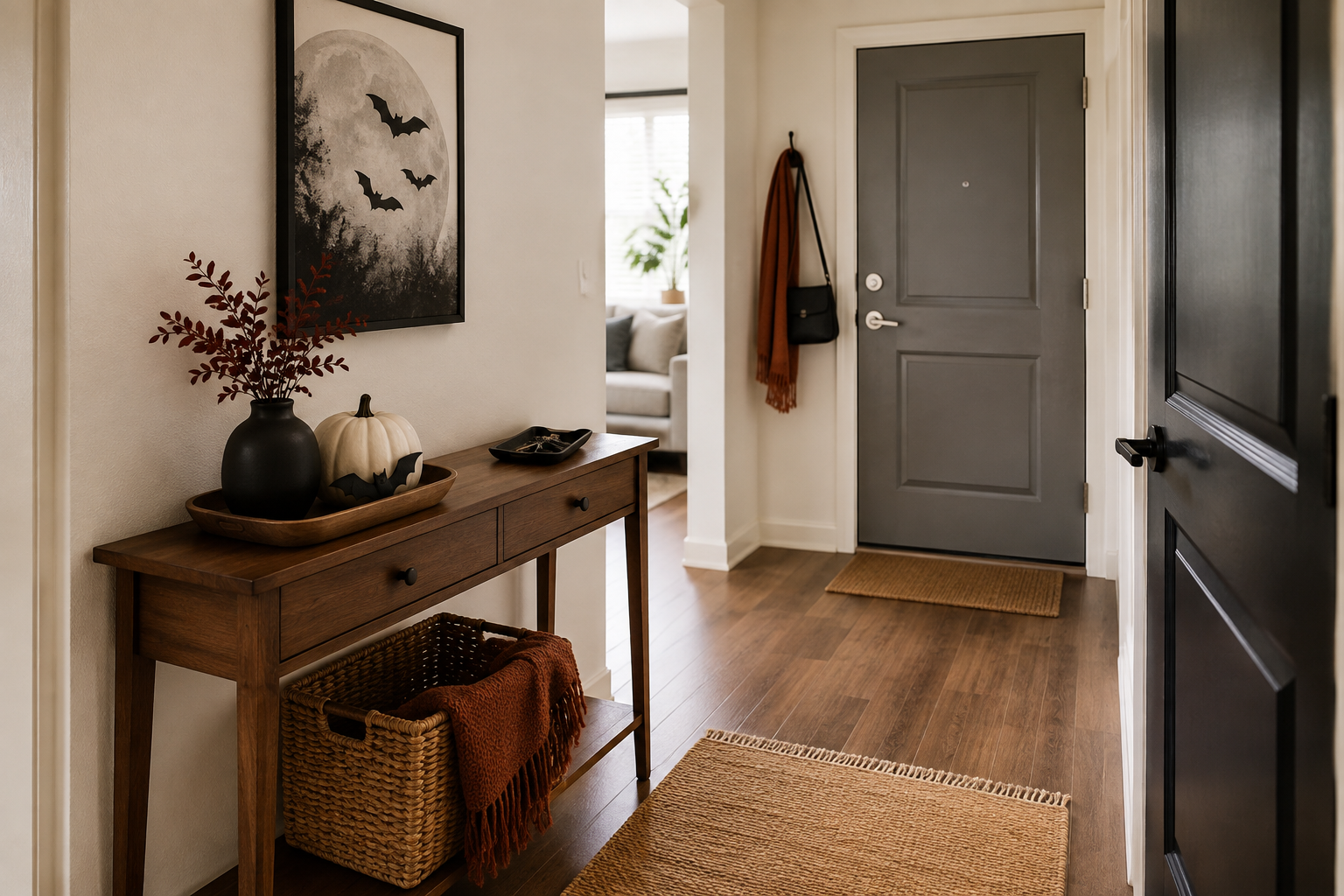 Small Halloween entryway with a narrow wood console, pale pumpkin, dark vase, moon-and-bat artwork and a separate key dish.