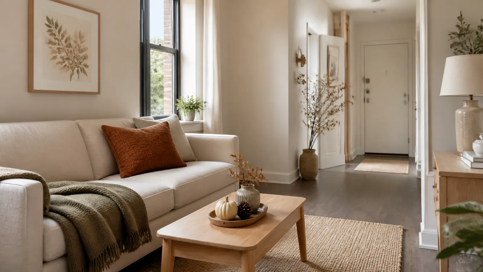 Small apartment living room with restrained rust and olive fall decor