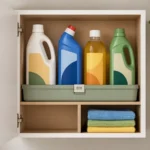 Factory-labeled cleaning bottles stored upright in a sage tray inside a small utility cabinet