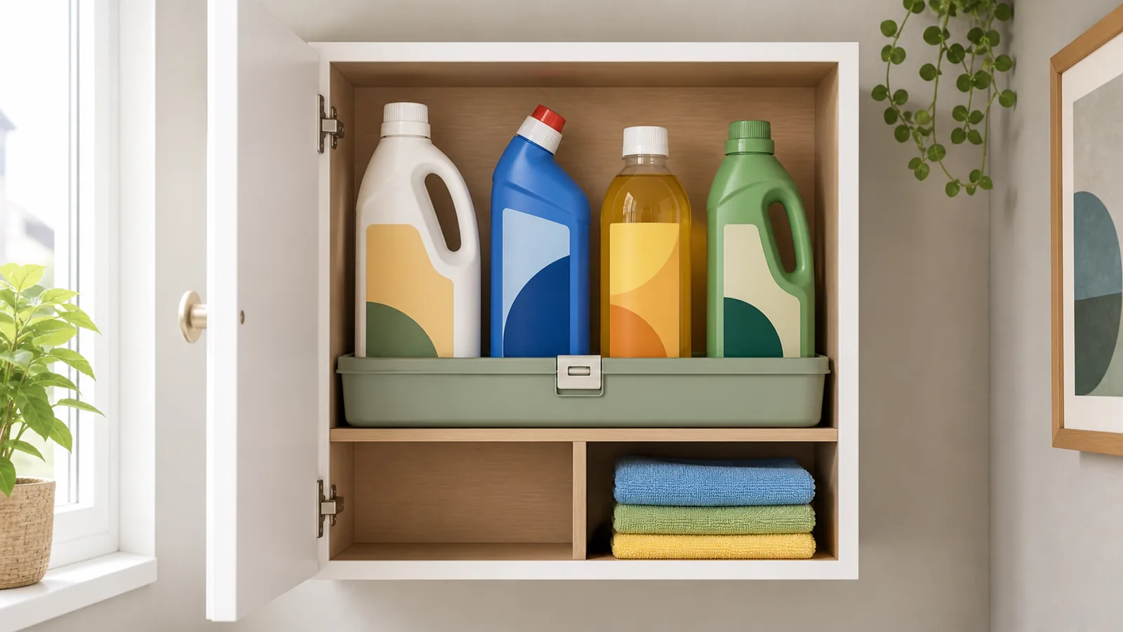 Factory-labeled cleaning bottles stored upright in a sage tray inside a small utility cabinet