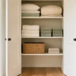 Small linen closet with folded towels, bedding, open shelf space, and one removable woven basket