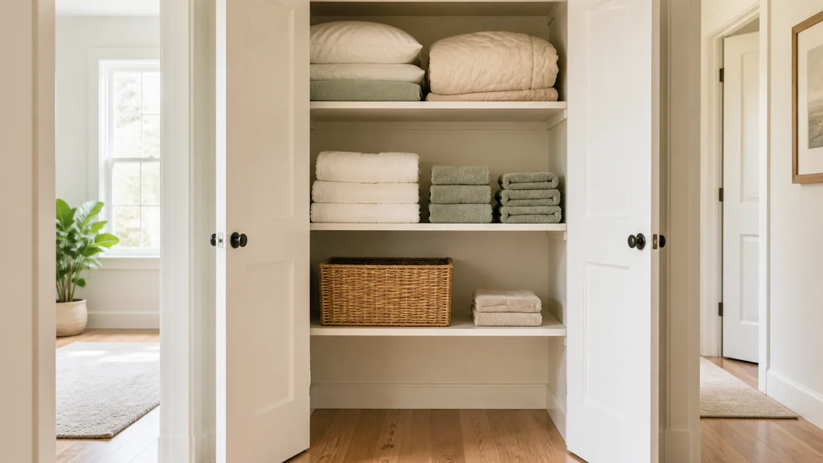 Small linen closet with folded towels, bedding, open shelf space, and one removable woven basket