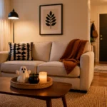 Small apartment living room with restrained black, cream, and rust Halloween decor