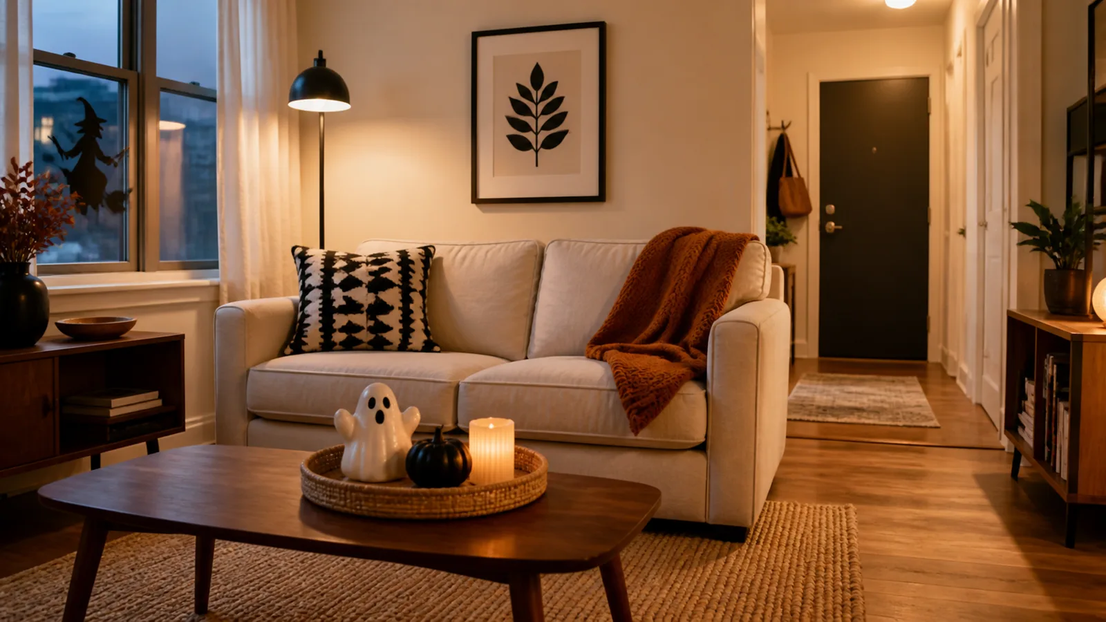 Small apartment living room with restrained black, cream, and rust Halloween decor