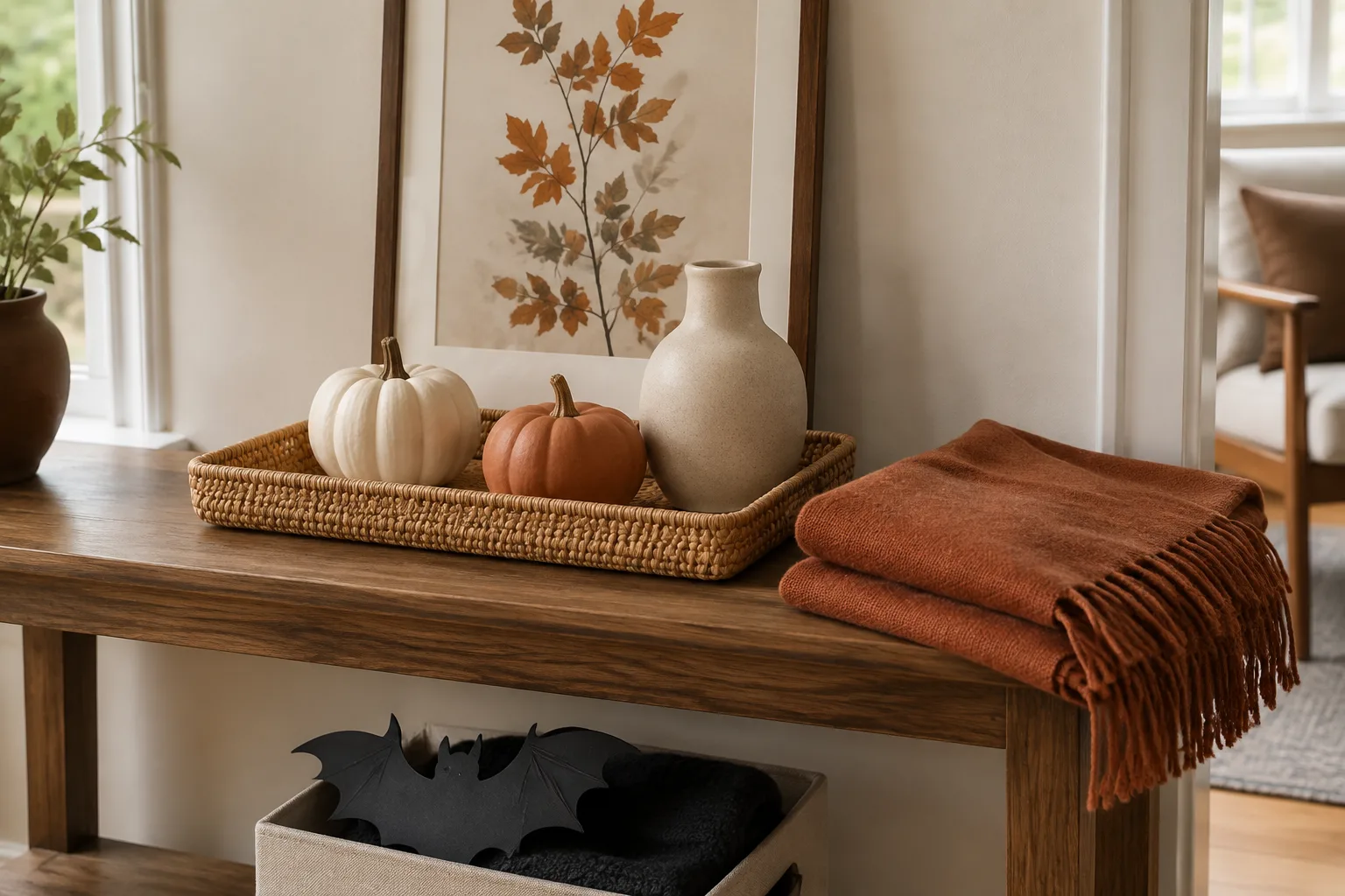 AI-created fall console with neutral pumpkins, a cream vase, autumn artwork and a rust throw; Halloween bat accents are packed in a box below.