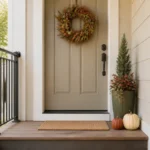 Small fall porch with a clear walkway, wreath, narrow planter, and two pumpkins