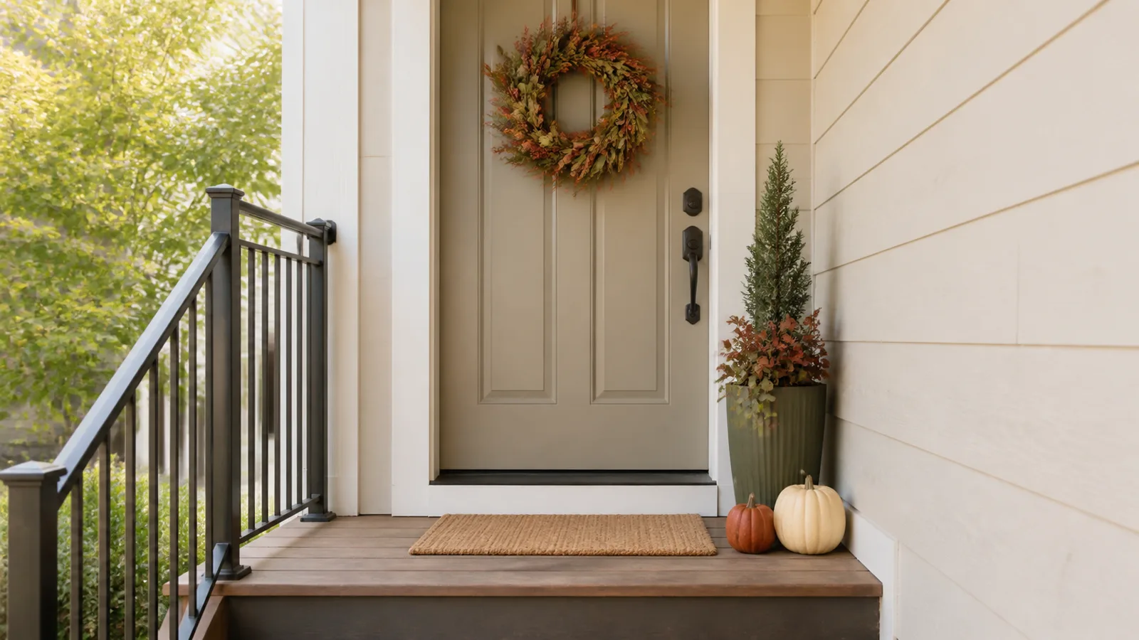 Small fall porch with a clear walkway, wreath, narrow planter, and two pumpkins