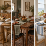 Three fall dining-table looks with cream pumpkins and wood, rust and olive linens, and blue-and-cream coastal accents.