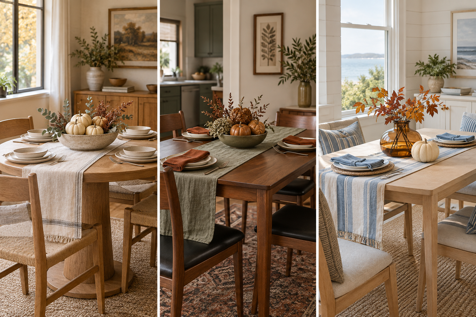 Three fall dining-table looks with cream pumpkins and wood, rust and olive linens, and blue-and-cream coastal accents.