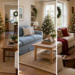 AI-created triptych of small Christmas living rooms: cream and woodland green, soft blue and silver, and cranberry with warm wood.