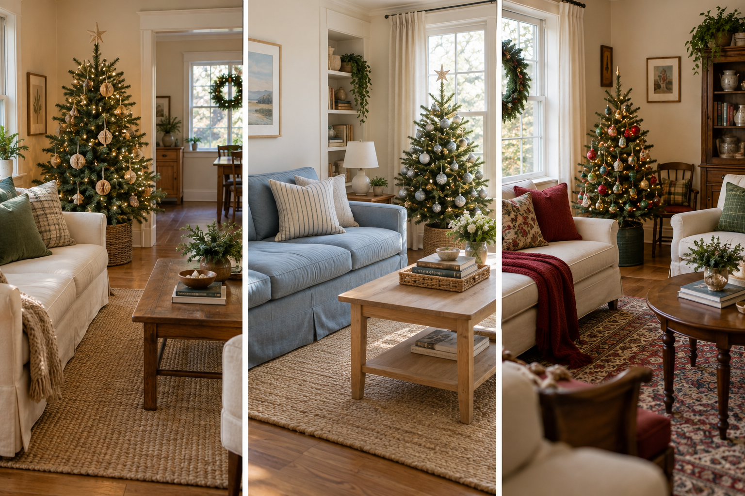 AI-created triptych of small Christmas living rooms: cream and woodland green, soft blue and silver, and cranberry with warm wood.