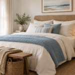 AI-generated coastal bedroom styling illustration with muted blue bedding, warm wood, woven textures and cream textiles