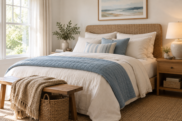 AI-generated coastal bedroom styling illustration with muted blue bedding, warm wood, woven textures and cream textiles
