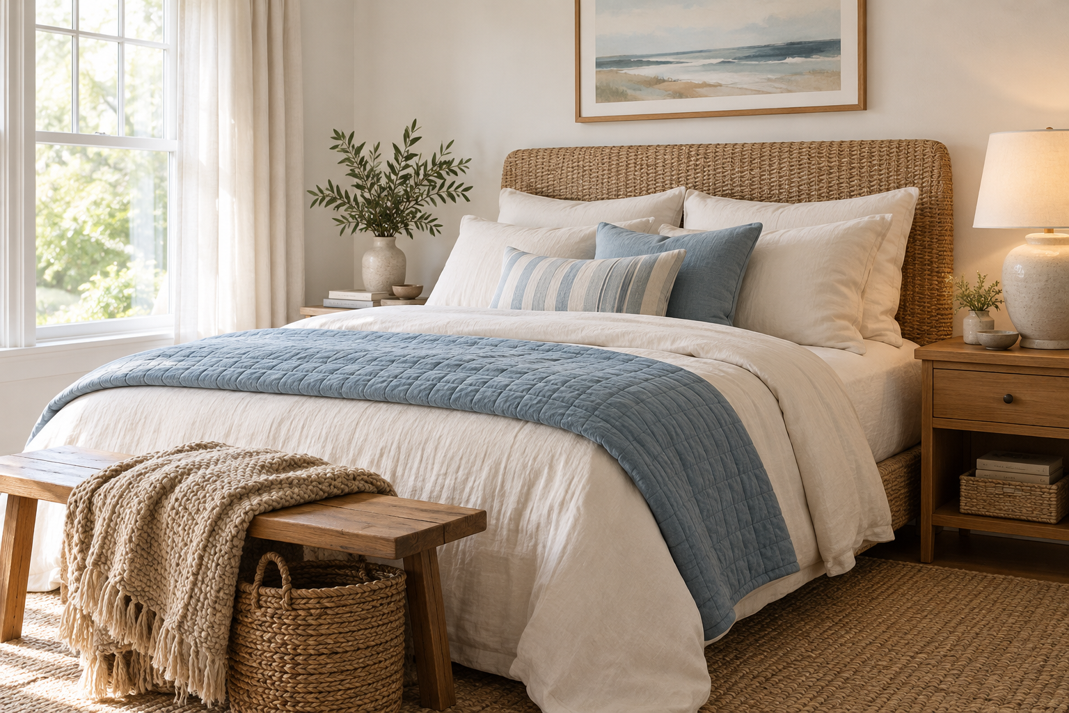 AI-generated coastal bedroom styling illustration with muted blue bedding, warm wood, woven textures and cream textiles