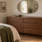 AI-created bedroom with a low walnut dresser, wall-mounted oval mirror, shallow tray, small bowl, cream bedding and olive throw