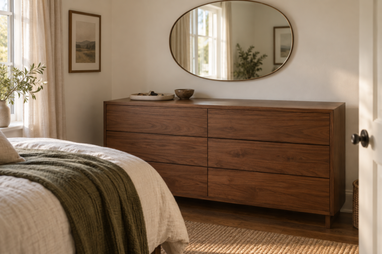 AI-created bedroom with a low walnut dresser, wall-mounted oval mirror, shallow tray, small bowl, cream bedding and olive throw