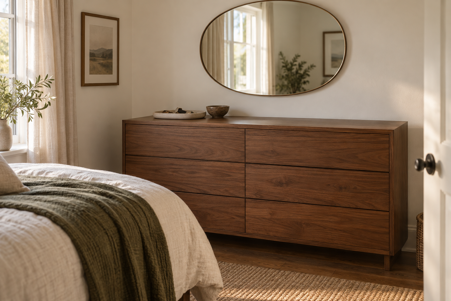 AI-created bedroom with a low walnut dresser, wall-mounted oval mirror, shallow tray, small bowl, cream bedding and olive throw
