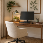 Warm wood home office desk with a cream chair, oatmeal curtain, sage botanical artwork and woven storage