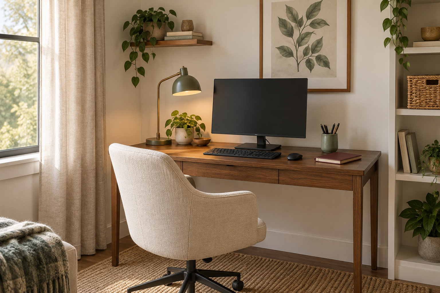 Warm wood home office desk with a cream chair, oatmeal curtain, sage botanical artwork and woven storage