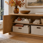 Open oak cabinet with fabric boxes of folded seasonal textiles and a tray of ceramic pumpkins