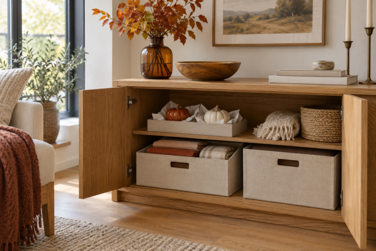 Open oak cabinet with fabric boxes of folded seasonal textiles and a tray of ceramic pumpkins