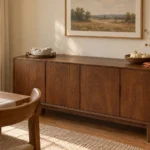 AI-created small dining nook with a walnut sideboard, cream pumpkins, rust linen and a separate tray of plates, leaving the center clear