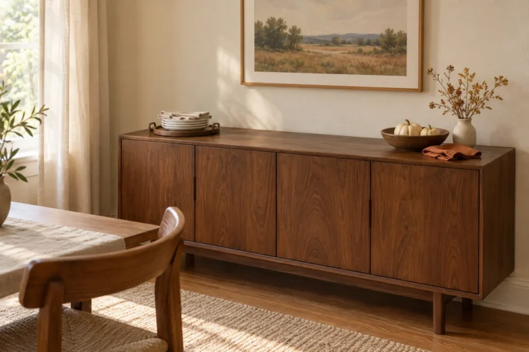 AI-created small dining nook with a walnut sideboard, cream pumpkins, rust linen and a separate tray of plates, leaving the center clear